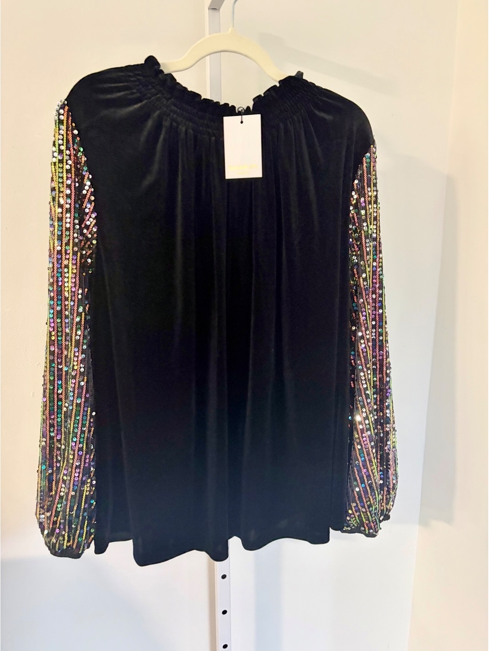 NWT Sugarlips Black Velvet Blouse with Multicolor Sequin Embellished Long Sleeve